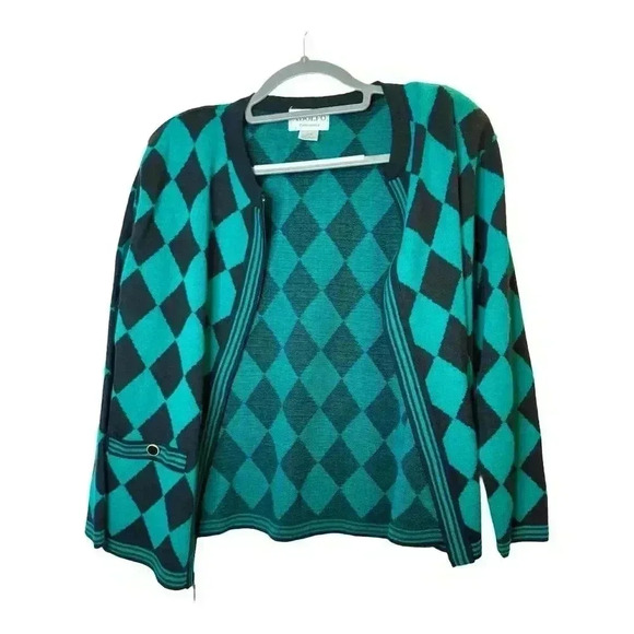 Adolfo Women's Argyle Cardigan Sweater Green Size M - Picture 3 of 8